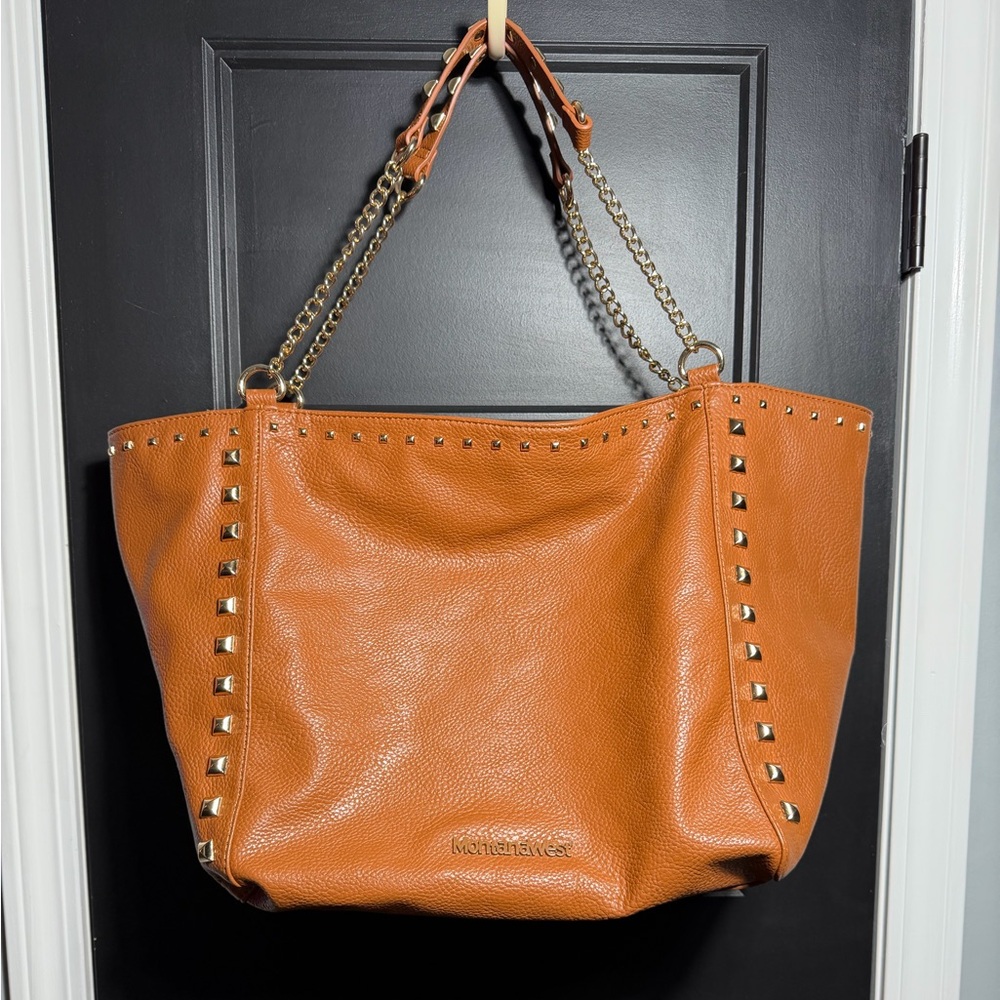 Montana West Large Tan Tote With Gold Tone Chain Straps and Studded Accents - Picture 2 of 15